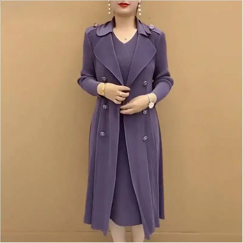 Fashionable Pleated Suit Collar Two Piece Trench Coat 2024 Autumn Winter Waist Pleats Wind Dress 241220
