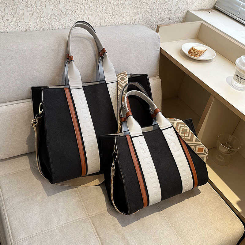Tote bag canvas contrasting large capacity bag, women's trendy, fashionable high-end work commuting crossbody bag 241215