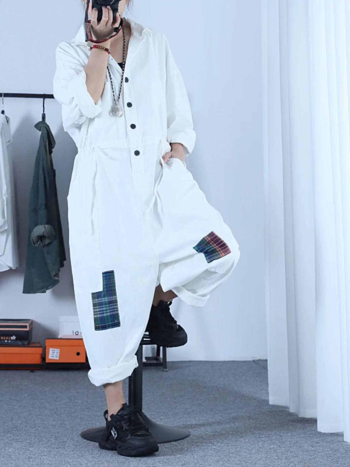 Cow Coveralls Women Spring Autumn Lapel Button Drawstring Waist Long Sleeve High Waist Jeans Romper Wide Leg Jumpsuit 241230