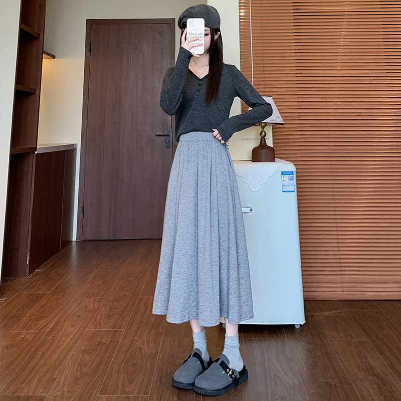 M95799 Spring and Autumn High Waist Slim Umbrella Skirt A-line Midi Skirt College Style Knitted Skirt