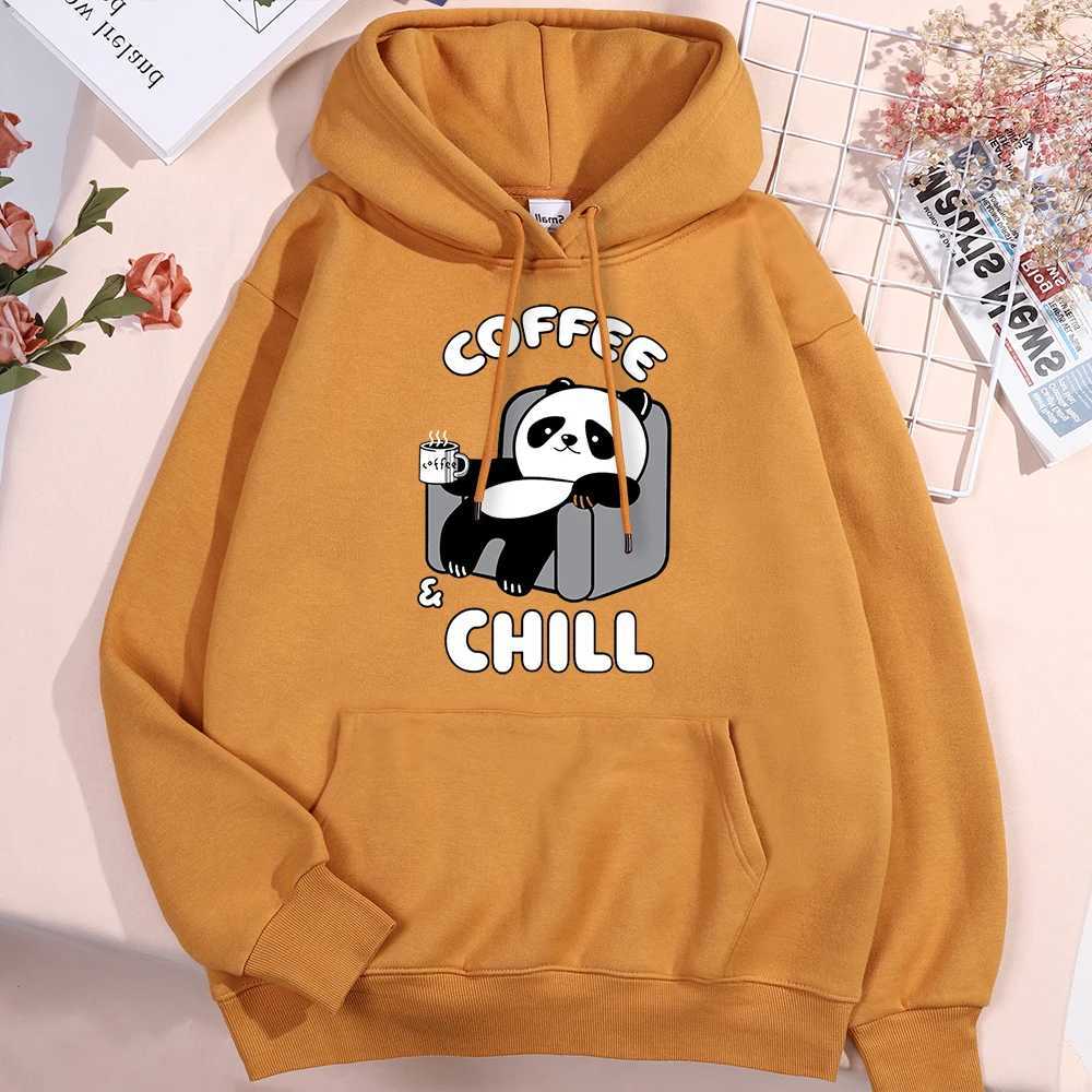 Coffee Chill Panda Enjoys Time Mens Street Clothing Hip Hop Wool Hoodie Pocket Loose Sweatshirt Casual Super Big Hoodie Mens Style W241230