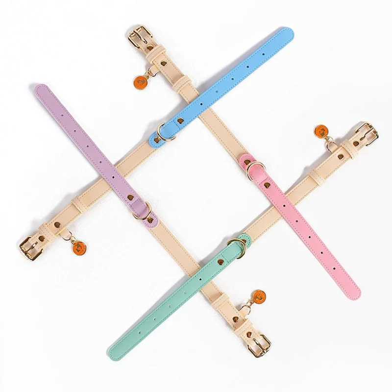 2025 new Leather for cat and dogs color blocking design leather dog collar with leash set waterproof outdoor pet rope