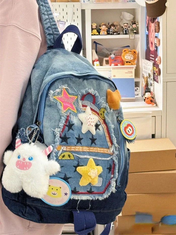 Retro Cowboy Color Matching Backpack Female Japanese Sweet Lovely Girl Y2k All-match Bag College Student Small Backpack 241230