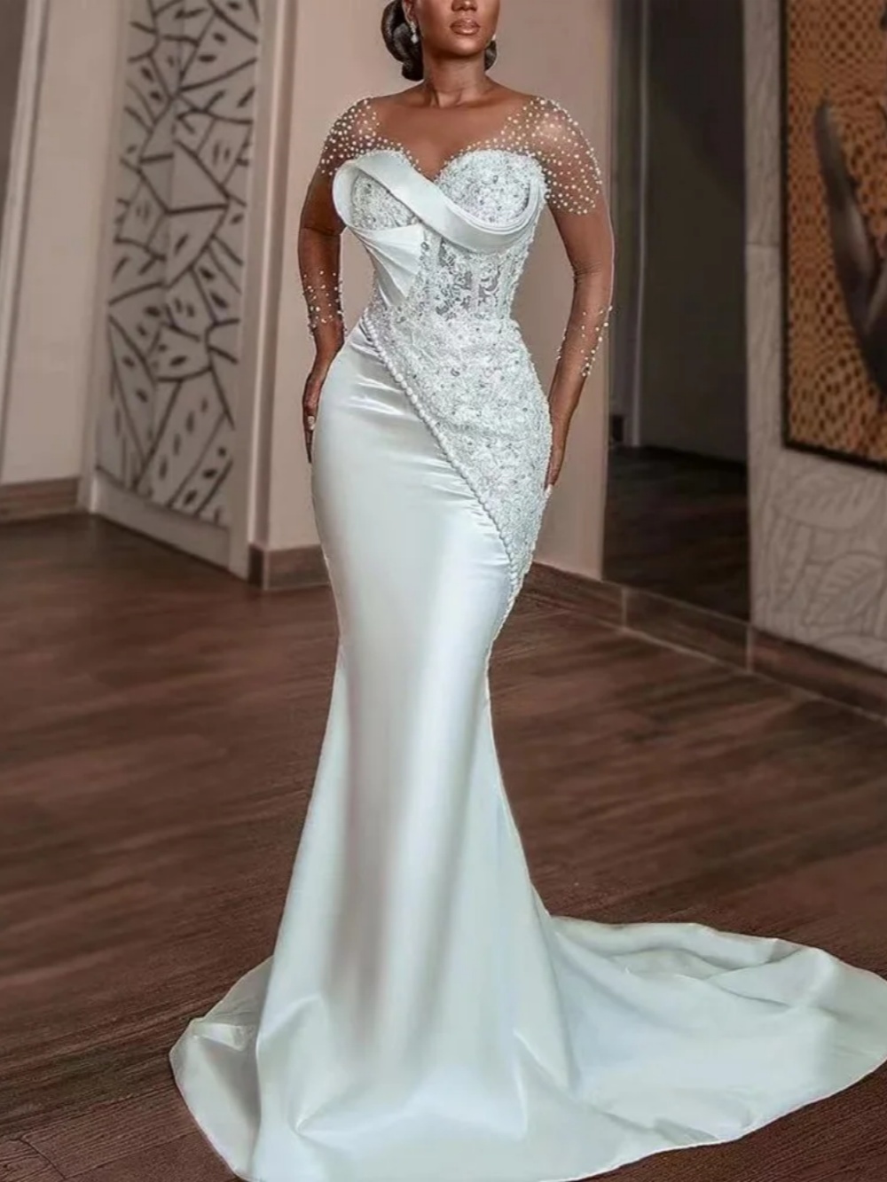 Elegant Mermaid Wedding Dress Pearls Beaded Appliques V Neck Bride Gowns Long Sleeve Sweep Train Bridal Dresses Customized
