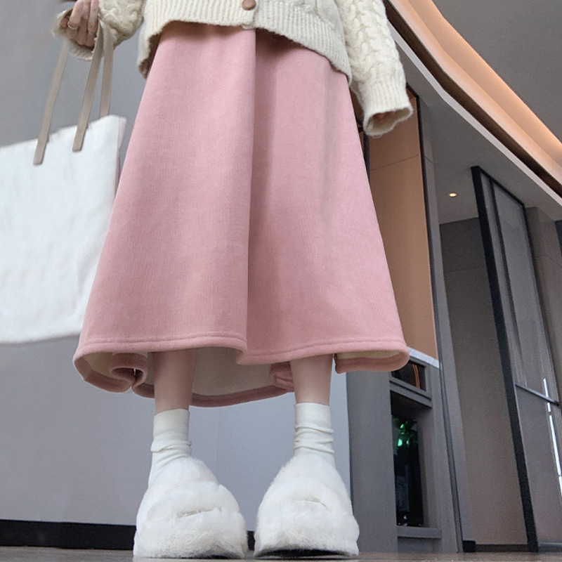 L30968 long new style kapok velvet plus velvet skirt high waist long skirt cover the flesh and show thin A-line skirt
