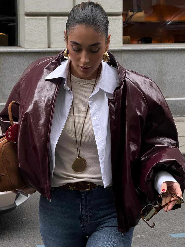 Vintage PU Leather Solid Jackets Women Casual Loose Stand Collar Zipper Jacket Coats Female Autumn High Street Outwear 241224