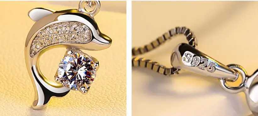 Real 925 sterling silver jewelry crystal dolphin amulet box pendant and necklace for womens wedding party gifts W241230