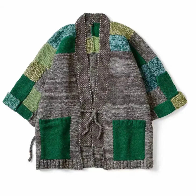 Non Kapital Ing Knitted Japan Blue V-Neck Thickened Loose Cardigan Kimono Long Sleeve Plaid Taoist Robe Annual Jia Brand