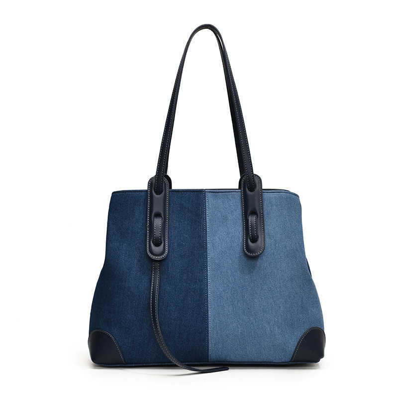 Large Capacity Commuter Double Mouth Single Shoulder Bag Women Denim Color blocked High Quality Texture Handheld Tote Bag 241215