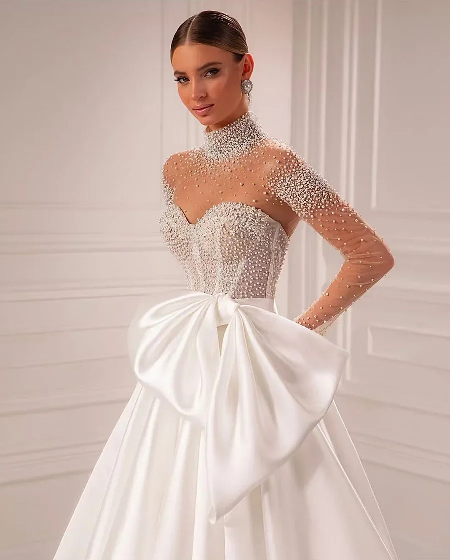 2025 Elegant A-line Bride Wedding Dress High Neck Pearls Beading Long Sleeve Satin Bridal Formal Gowns Vestidos De Novia African Robe De Mariage