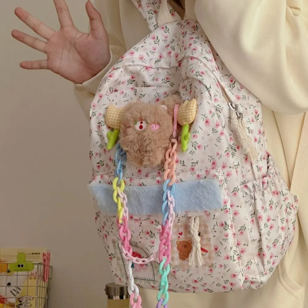 Kawaii Cartoon Floral Backpack Funny Nylon Floral School Bag Large Capacity Handbag Student Laptop Bag 241230