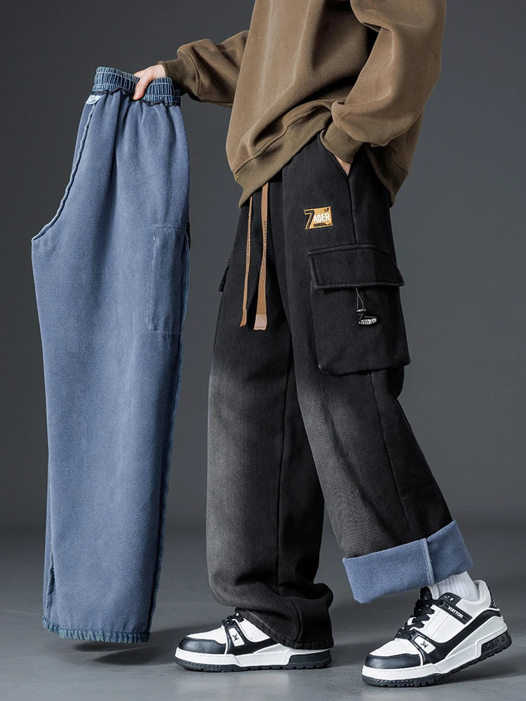 Winter Fleece Jeans Men Big Size 8XL 7XL 6XL Thick Warm Wide Leg Straight Denim Cargo Pants Male Thermal Baggy Jean Trousers 241224