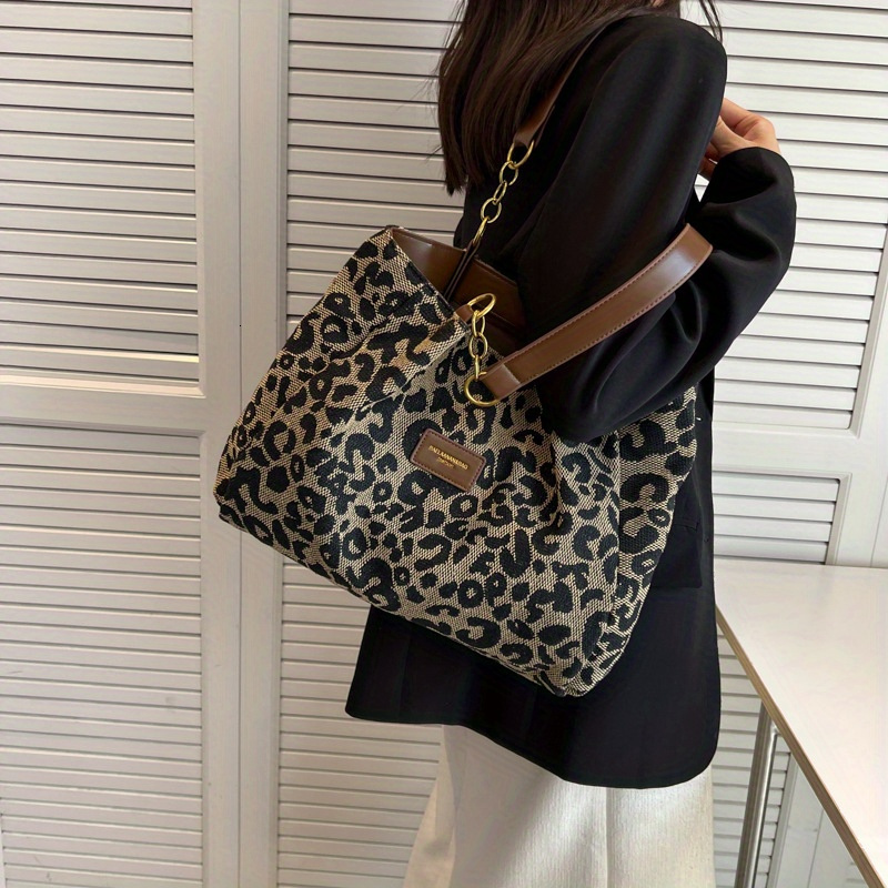 Leopard Print Canvas Tote Bag, Fashionable Shoulder Bag Women, Perfect For School, Office, And Shopping