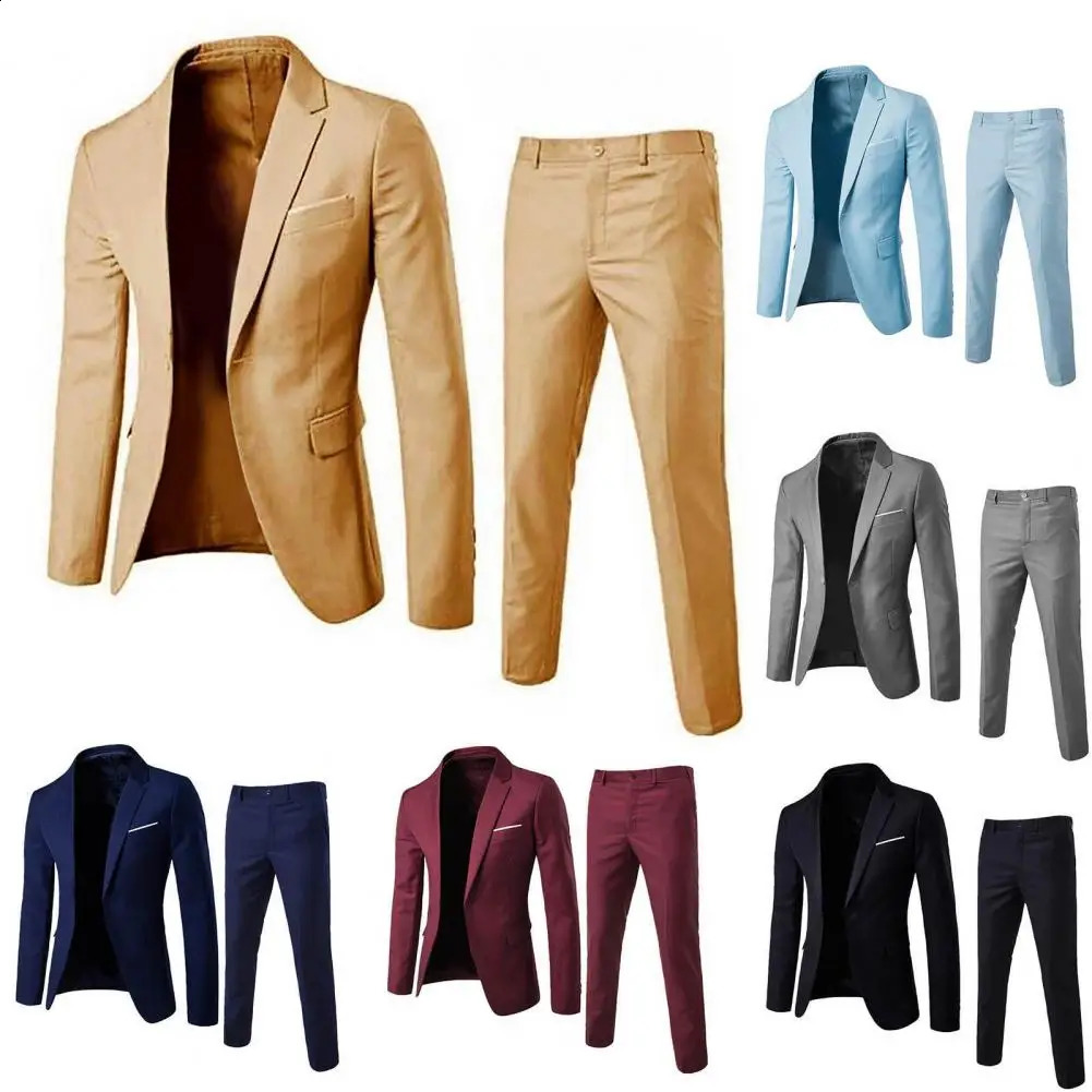 1 Set Men Blazer Pants Solid Color Long Sleeve Slim Fit Turndown Collar Temperament One Button Pockets Suit Clothes 241223