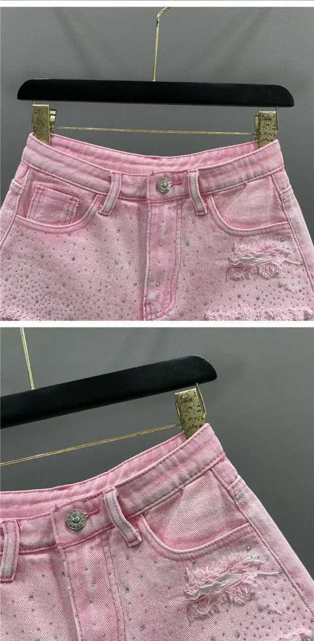 Fashion Rhine Denim Shorts for Women 2025 New High Waist Ripped Holes Shorts Jeans Fe Street Wide Leg ShortsX241230