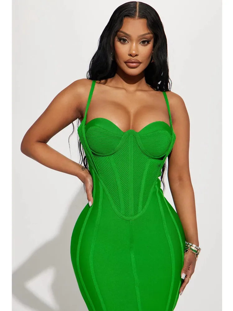 Celebrity Women Summer Sexy Sleeveless Backless Green Midi Bodycon Bandage Elegant Evening Club Party Dress