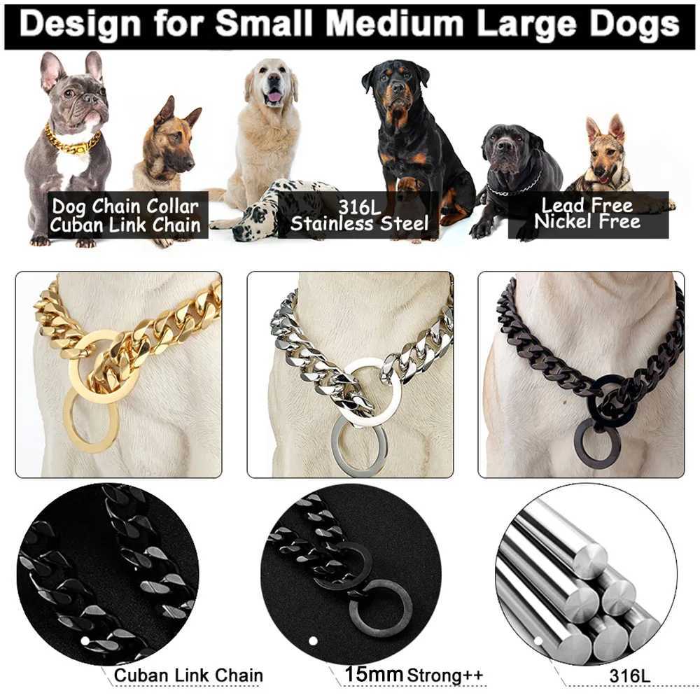 Gold Chain Dog Collar 15mm Wide Heavy Duty Metal Cuban Link Dog Slip Chain Collar Dog Necklace Fashion Pet Jewelry AccessoriesXJ250218