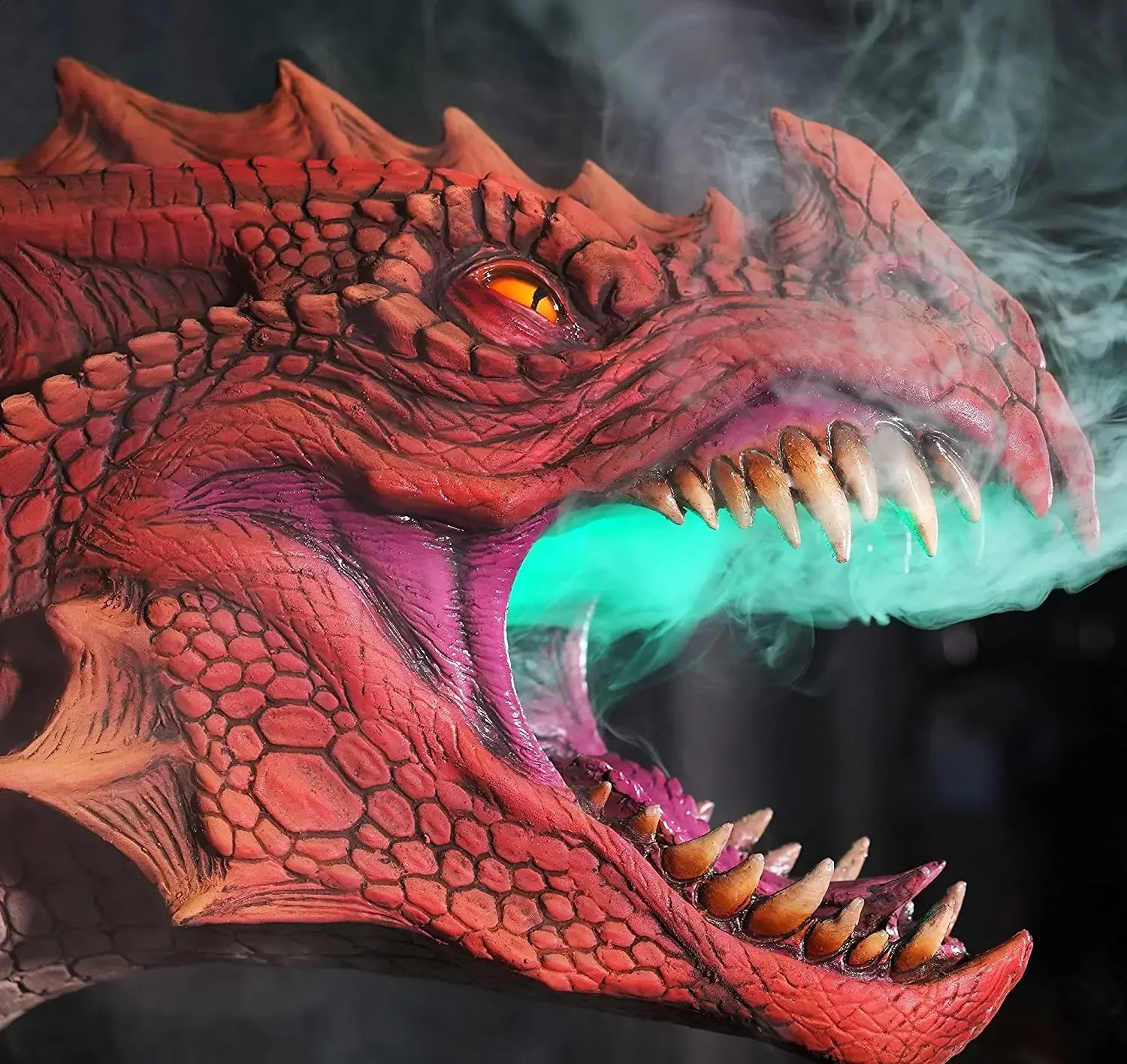 3D Dragon Legend Head SculptureLED Light with Smoke Realistic Dinosaur Wall Art for Halloween Haunted House Props 241230
