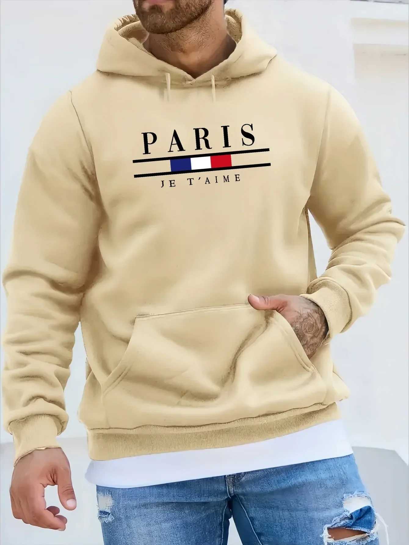 Fashionable mens hooded sweatshirt street casual sports style long sleeved and kangaroo pocket wool sweatshirt suitable for autumn and winter W241230
