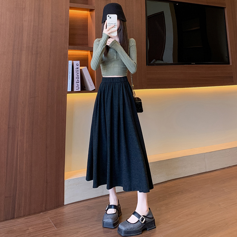 M95799 Spring and Autumn High Waist Slim Umbrella Skirt A-line Midi Skirt College Style Knitted Skirt