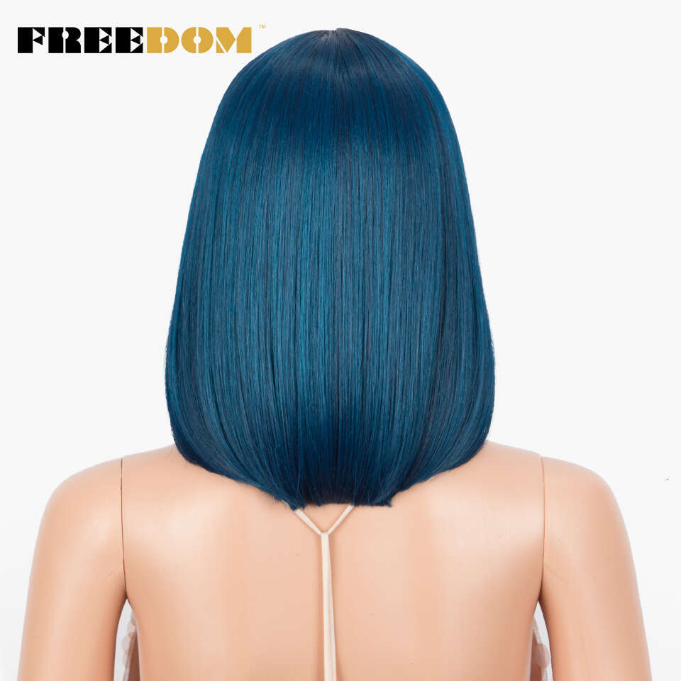 FREEDOM Synthetic Straight Short Bob Ombre Blonde Blue Wig Middle Part Lace For Black Women Cosplay Wigs
