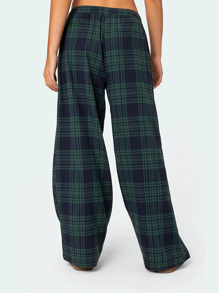 2024 Womens Casual Trousers Classic Plaid Print Elastic Waist Loose Wide Leg Pants Lounge 241228