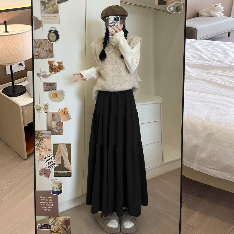 C2094 Spring and Autumn Loose Swing A-line Cake Skirt Lazy Soft Thin Midi Skirt
