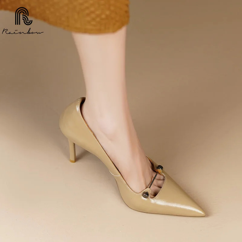 RAINBOW 33-40 Classic Concise Style Pin Buckle Pumps Custom Handmade Stilettos Leather High Heels Women Sexy Banquet Shallow 241230