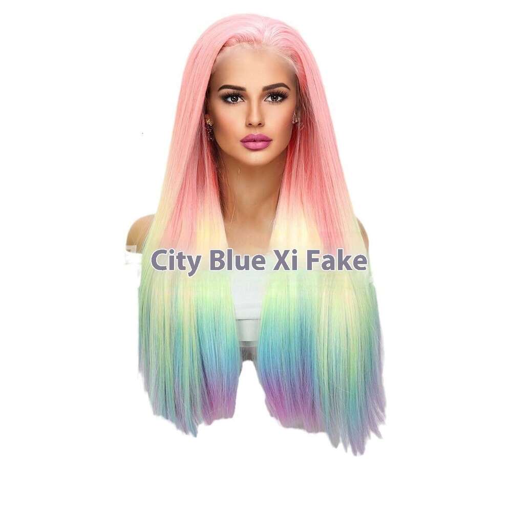 Lace Front Wig Cover T Shape High Quality 13 * 4 Star High-End Fashion Rainbow Gradient T-Shaped Lace Front Wig Kq2