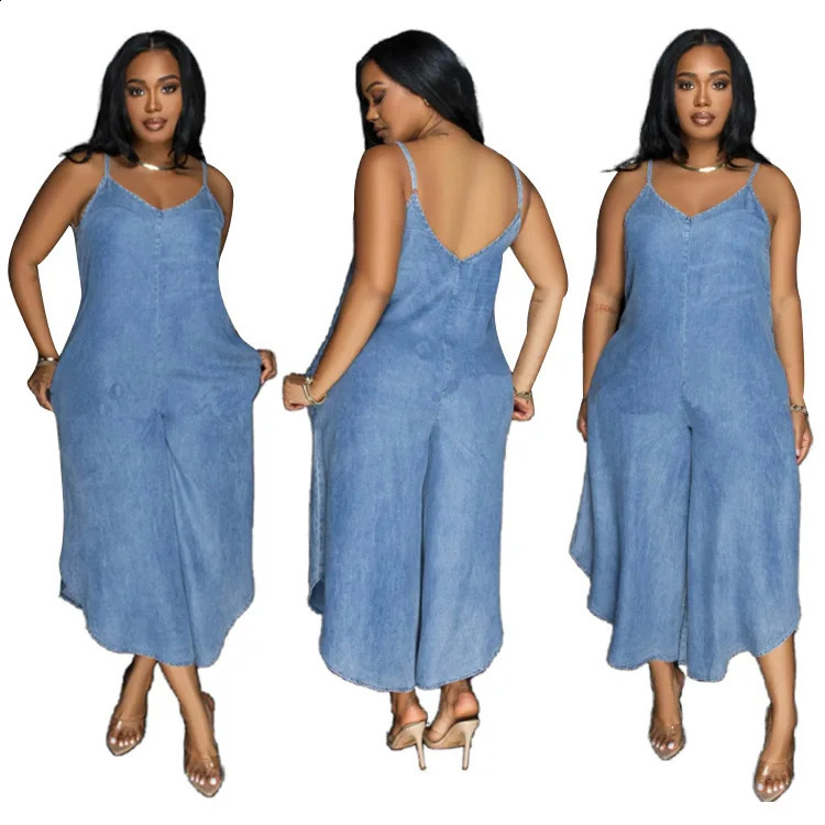 Womens Summer Fashion Casual Comfortable Versatile Irregular Denim Blue Sleeveless Suspender Straight 3/4 Jumpsuit 241230