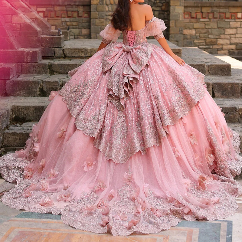 Quinceanera Pink Dresses Ball Gown Off The Shoulder Sequin Applique Wer Beads Bow Tull Party Birthday Sweet Vestido De Anos