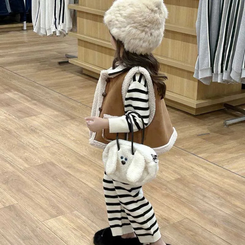 Girls Korean Version Vest Autumn and Winter Fur Integrated Velvet Vest Single Breasted Double Pocket Warm Cardigan Jacket 241230