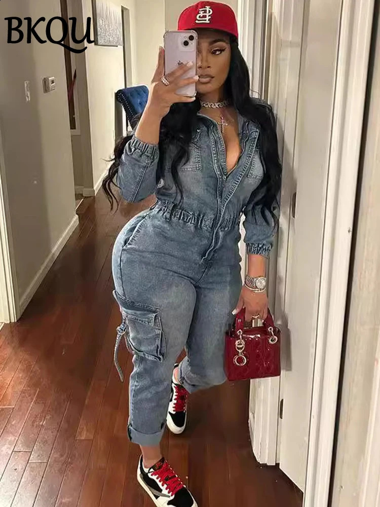 BKQU Denim Cargo Jumpsuit Women Pockets Patchwork Fashion Lapel Zipper Jean Stretch Overalls Playsuit Fall Winter Y2k Streetwear 241230