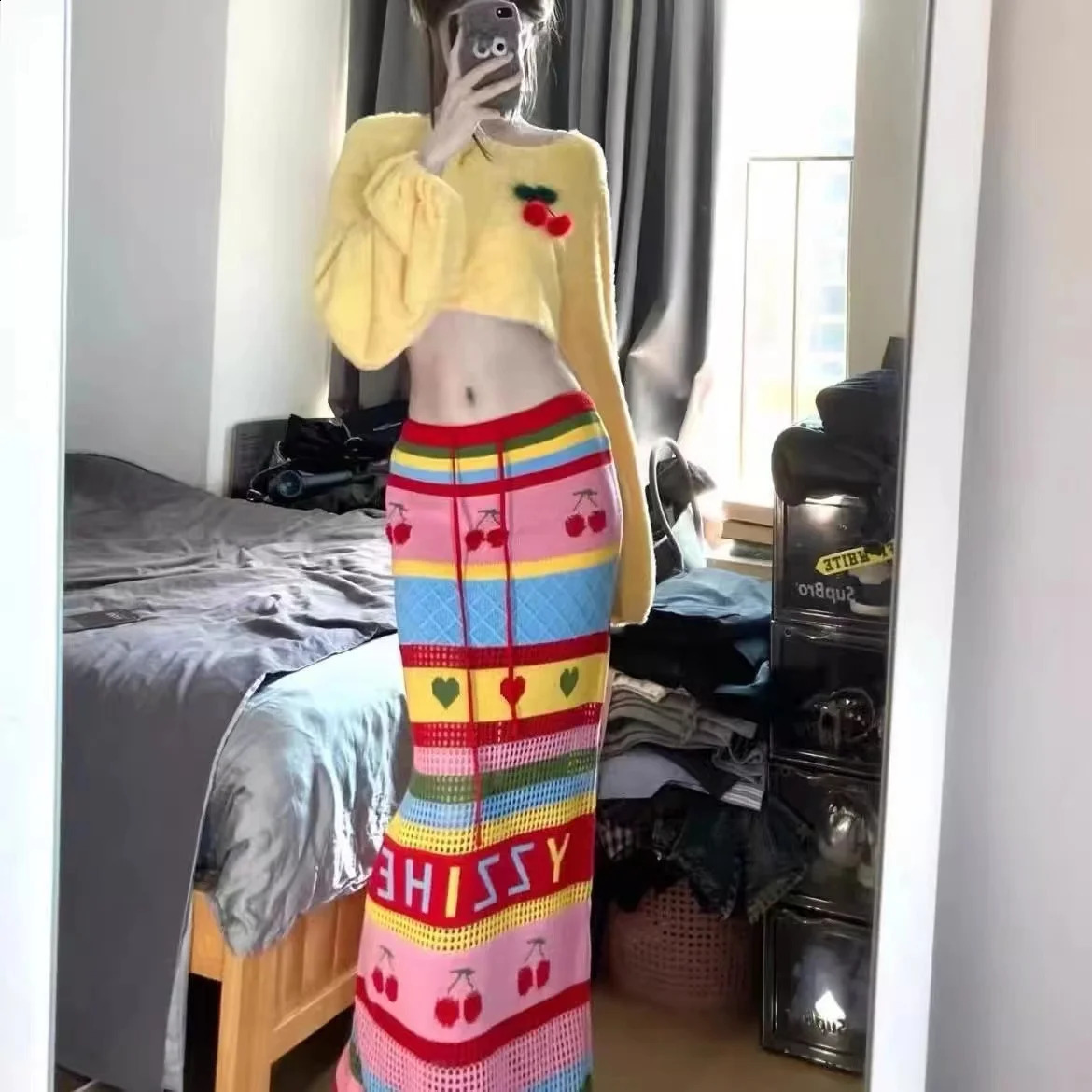 Y2k Two Piece Skirt Suit Pure Desire Short Pullover Knitted Sweater 2024 Dopamine Korean y Style Slimming Slim Knitted Skirt 241224