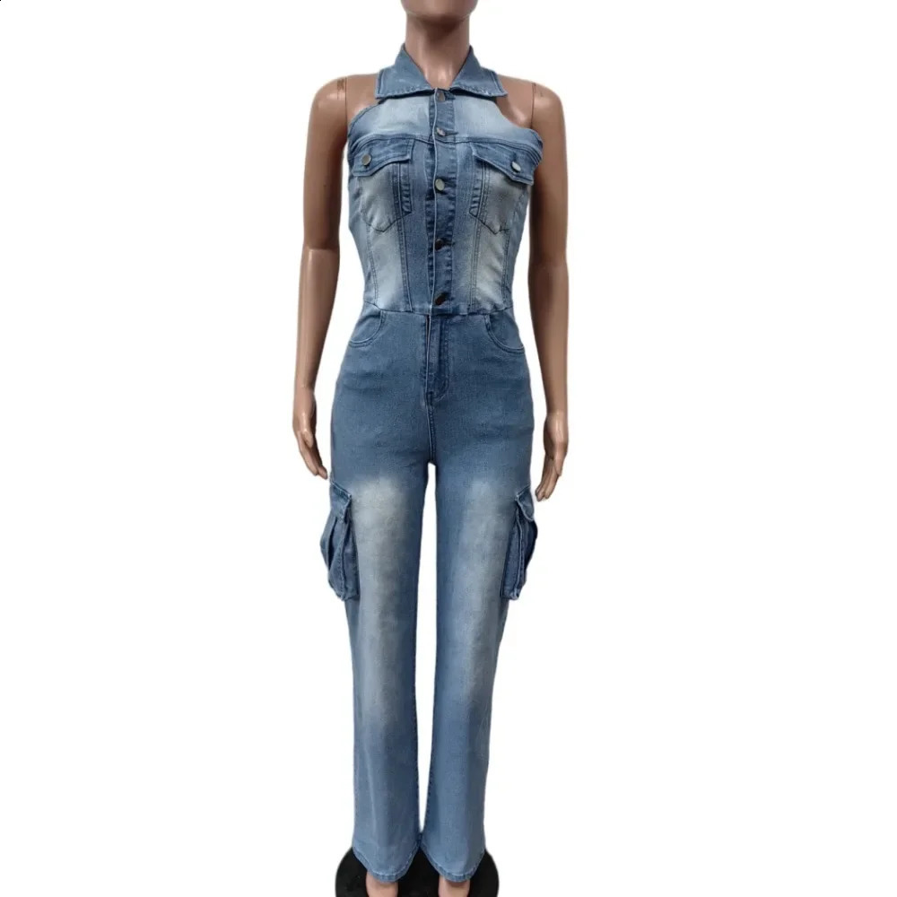 FAGADOER Blue Denim Fashion Straight Pants One Piece Jumpsuits Women Washed Jean Halter Pocket Playsuits Female Cow Overalls 241230
