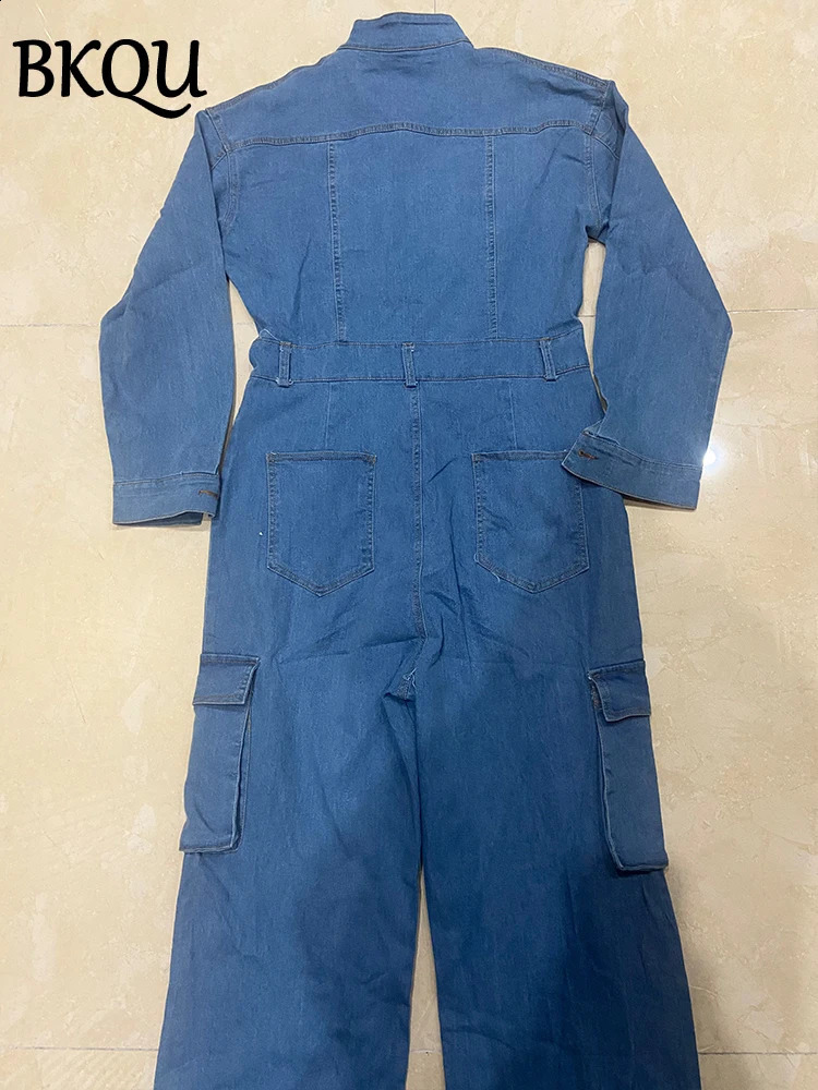 BKQU Denim Jumpsuit for Women Stretch Cargo Pocket Jean Overalls Long Sleeve Elegant Single Breasted Jumpsuit Y2k Streetwear 241230