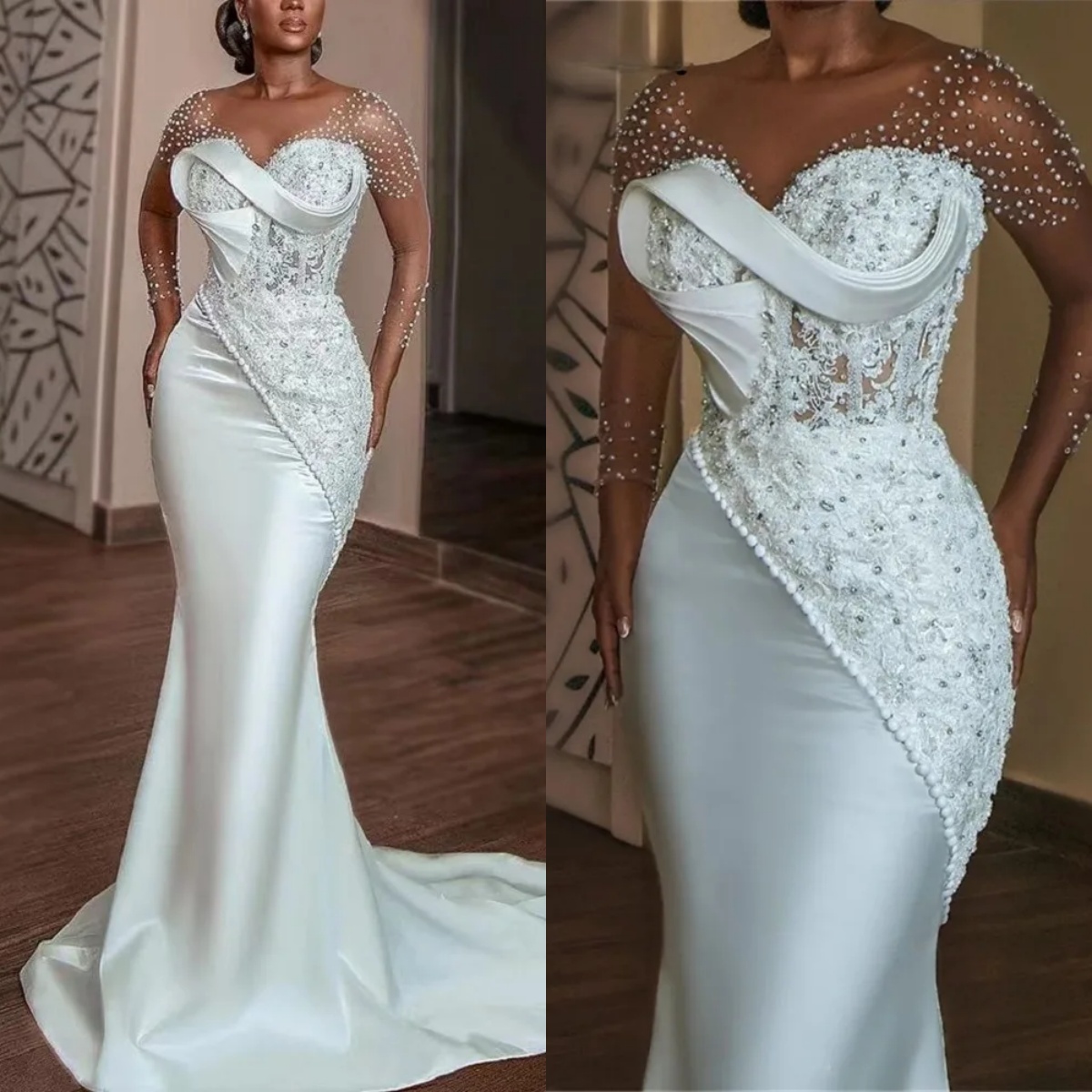 Elegant Mermaid Wedding Dress Pearls Beaded Appliques V Neck Bride Gowns Long Sleeve Sweep Train Bridal Dresses Customized