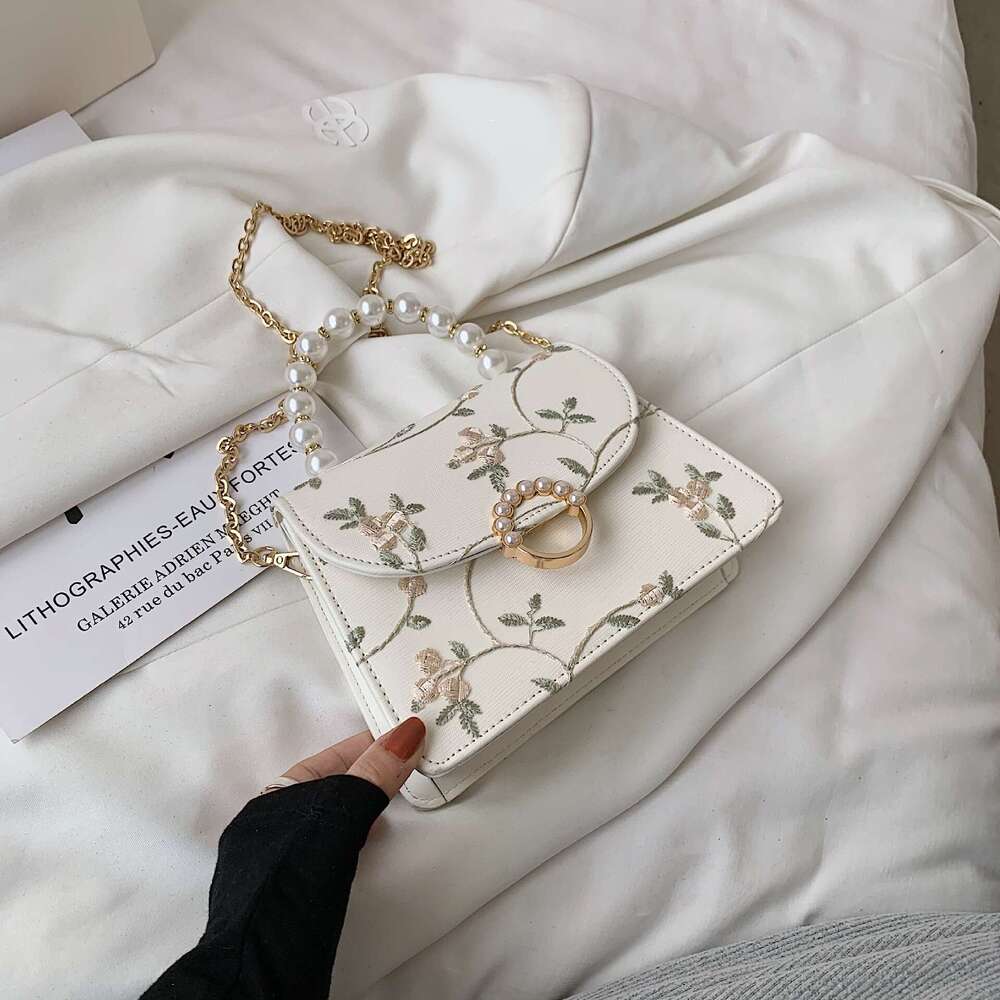 Lace Embroidered Handbag For Women In , New Chain Single Shoulder Women's Pearl Crossbody Bag, Chinese Style Portable Small Square Bags
