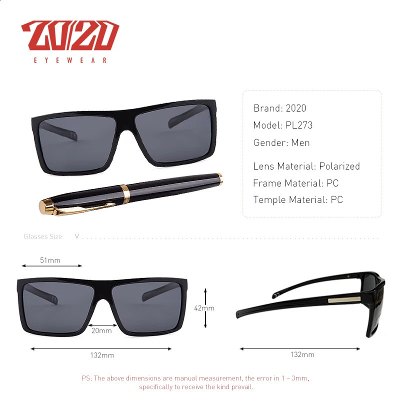 20/20 Classic Black Polarized Sunglasses Men Driving Sun Glasses for Male Shades Eyewear With Box Oculos PL273 241230