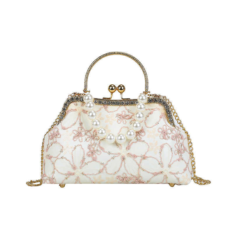 New Lace Flower Handbag Diagonal Cross Bag Qipao Hanfu New Chinese Style Shoulder Bag Pearl Handbag Women's Bag