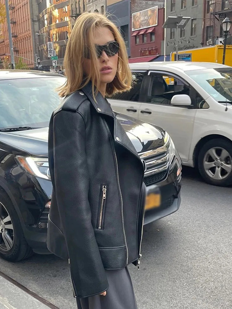 Vintage PU Leather Women Jacket Lapel Full Sleeves Zippers Female Coat 2024 Autumn Winter Solid Minimalism Loose Lady Outwear 241223