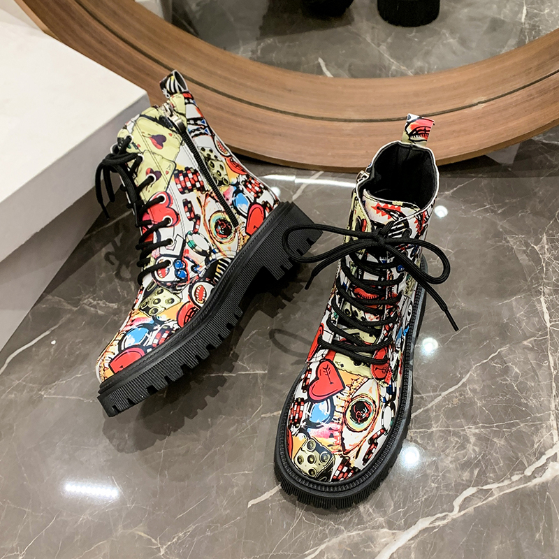 2025 Autumn New Color blocked Fashion Boots Women's Printed Graffiti Series Versatile Short Boots Designer lace up Ankle boots zapatos mujer