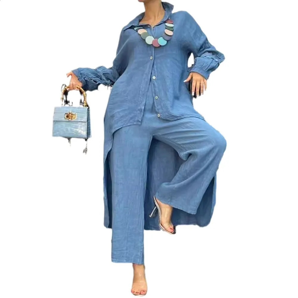 Lady Clothes Elegant Cuff Shirt Elastic Waist Trousers Set For Women Stylish Buttondown Blouse With Irregular Hem Fall 2024 241220