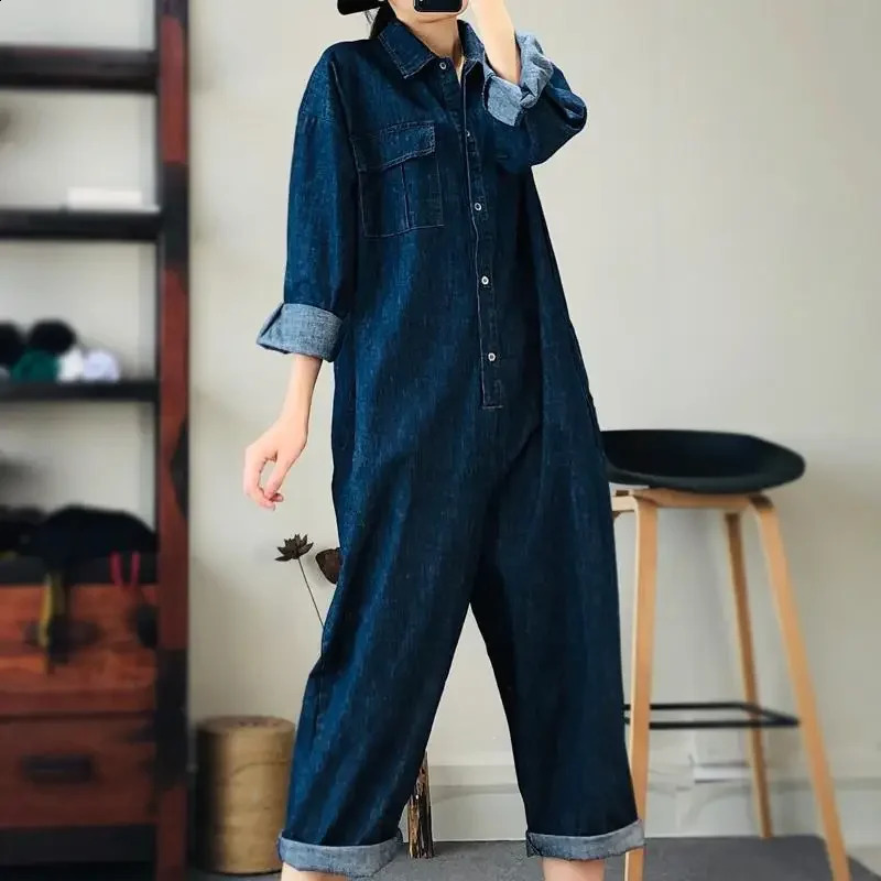 Oversize Denim Jumpsuit Suit Women Blue Denim Long Sleeve Playsuits High Waist Fashion Tops Casual One Piece Outfit Women 241230