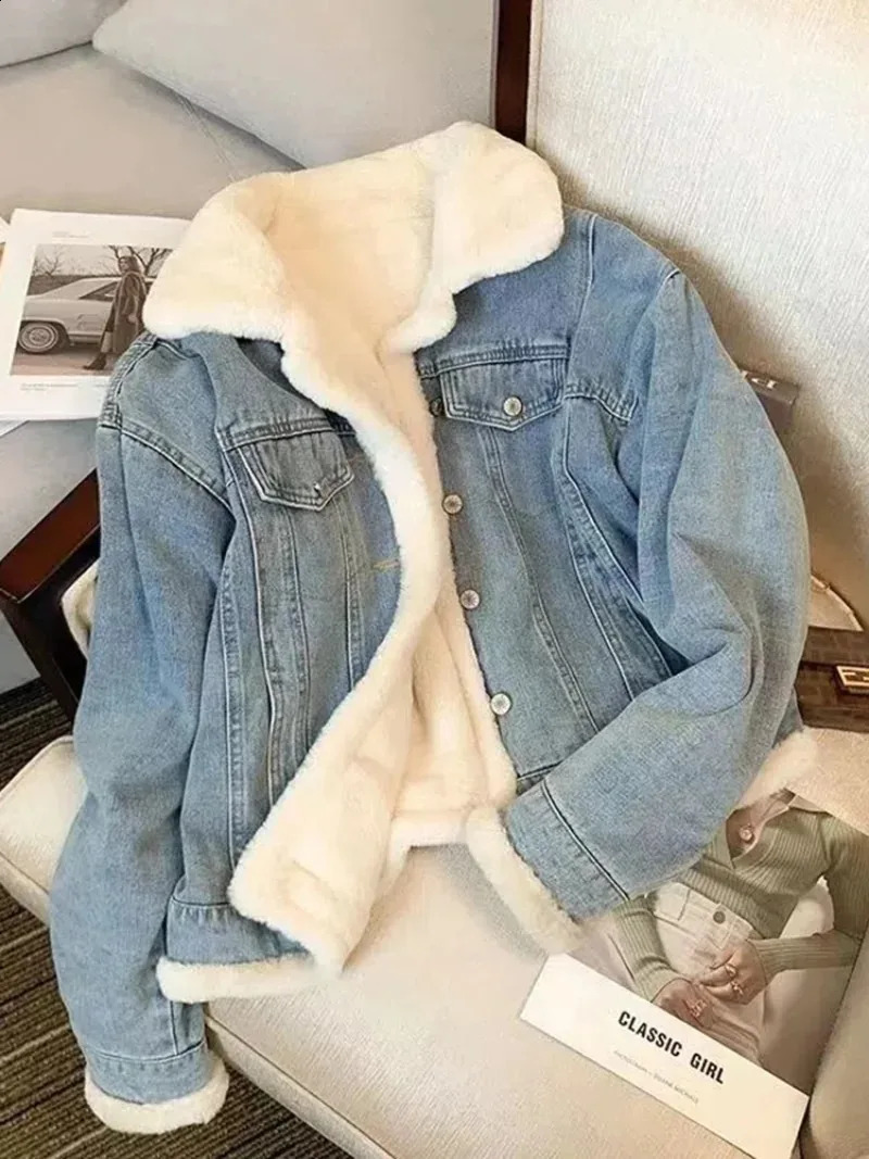 Winter Fleece Thicken Denim Women Jacket Loose Casual Warm Jeans Coats Wear Fur Collar Long Sleeves Oversized Female Clothes 241223