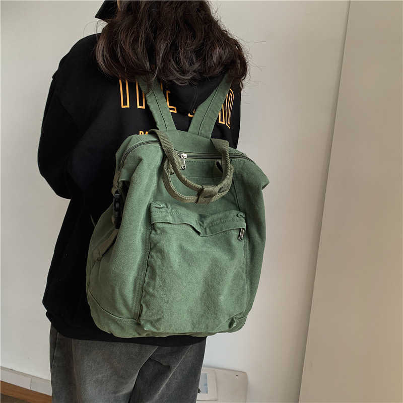 Ins style schoolbag female solid color large capacity backpack college student lazy Feng Shui wash used Canvas Backpack 241230