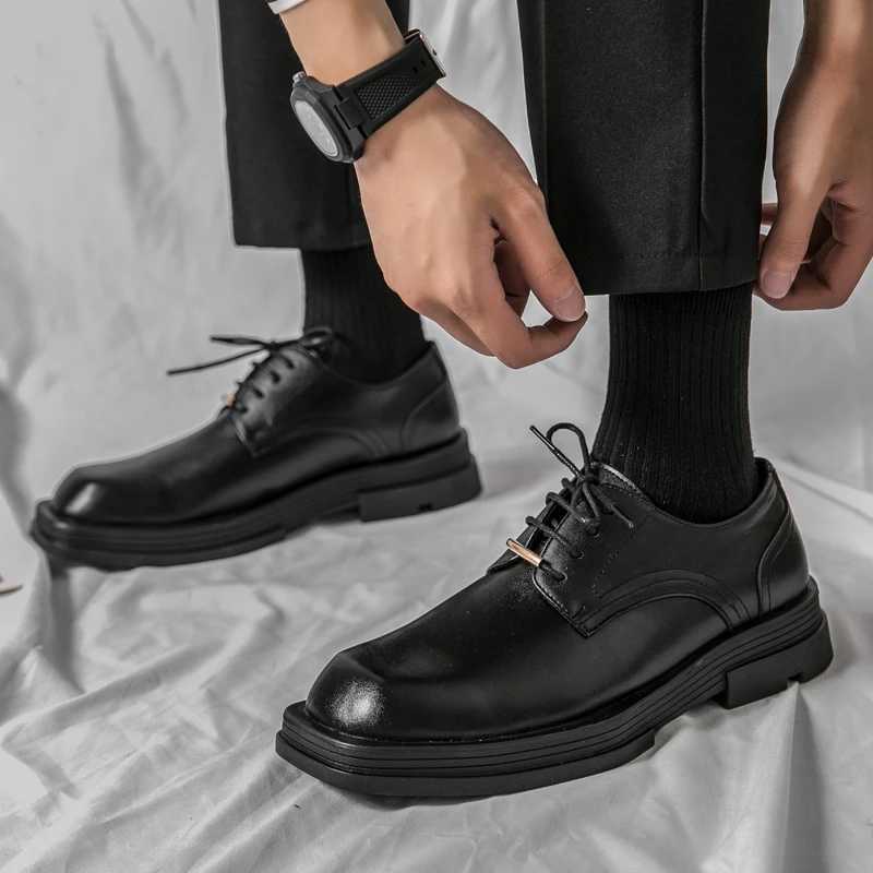 New Men Square Toe Patent Black White Leather Loafers Male Platform Dress Shoes Vintage Chunky Heel Party Shoes Men Formal ShoesXJ241230