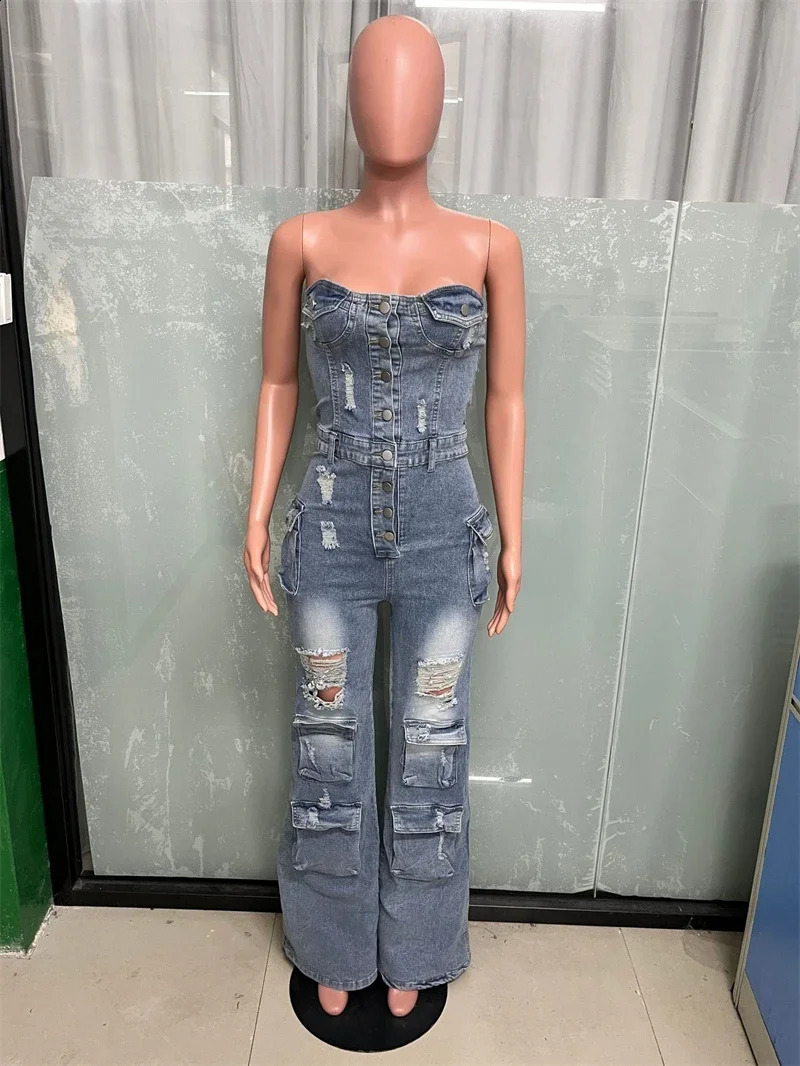 Streetwear Ripped Jeans Jumpsuits Fall Clothes Women Button Up Strapless Denim Rompers Playsuits One Pieces Overalls Outfit 241230