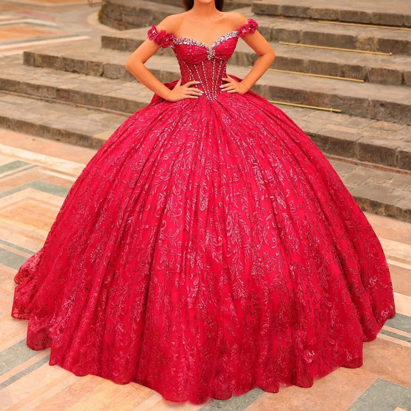 Red Quinceanera Dresses Ball Gown Off The Shoulder Sequin Applique Lace Beads Bow Tull Party Birthday Sweet 16 Vestido De 15 Anos