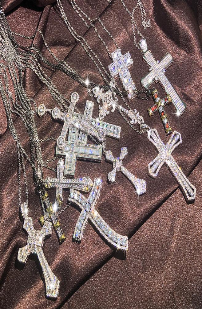 Fashion Mens Luxury Cross Necklace Hip Hop Jewelry Silver White Diamond Gemstones Pendant Women Necklaces6634204